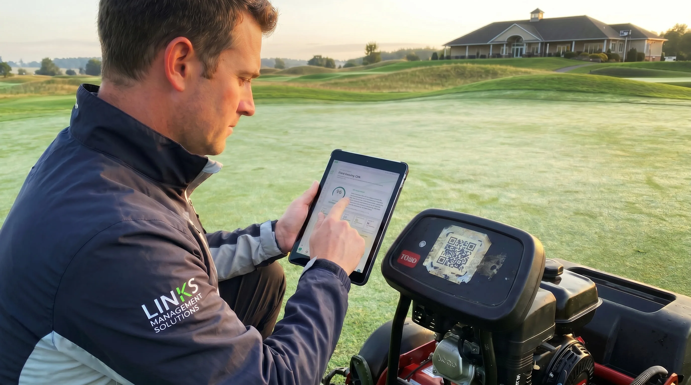 A greenkeeper tapping the Records Score on a tablet beside a greens mower, clubhouse and course behind